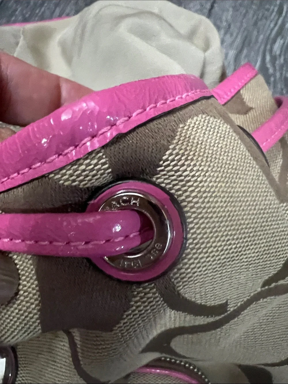 Coach Brown Signature Canvas Backpack with Pink Trim